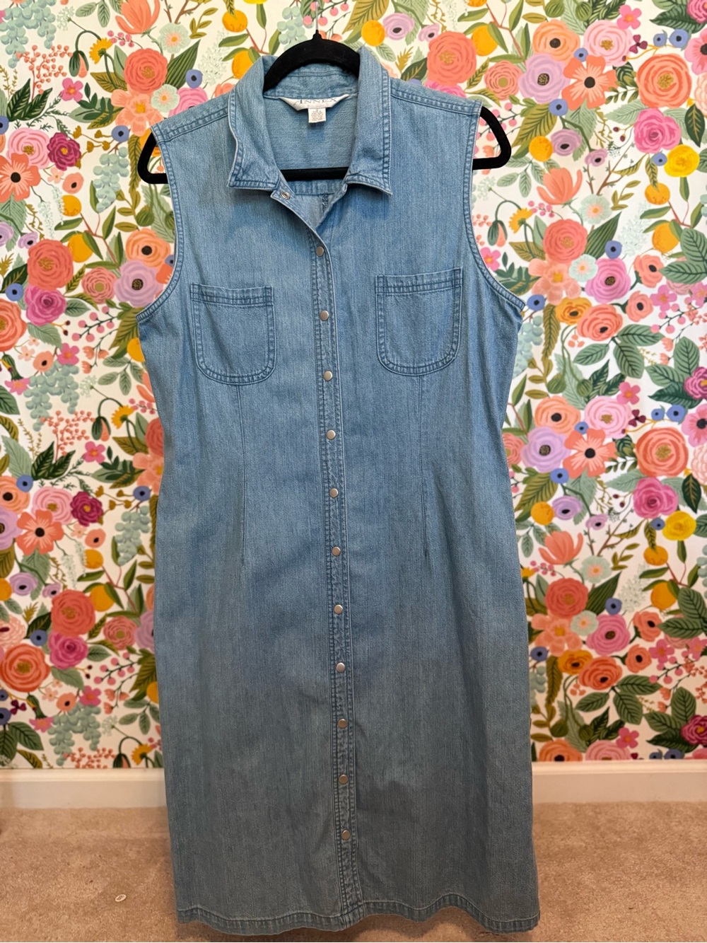 Vintage 90s Casual Corner Annex Denim Chambray Sleeveless Maxi Shirt Dress